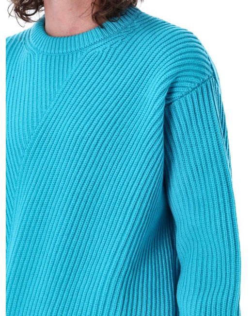 Jil Sander Blue Ribbed Fine Wool Sweater for men