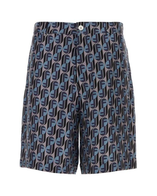 Fendi Blue Printed Silk Bermuda Shorts for men