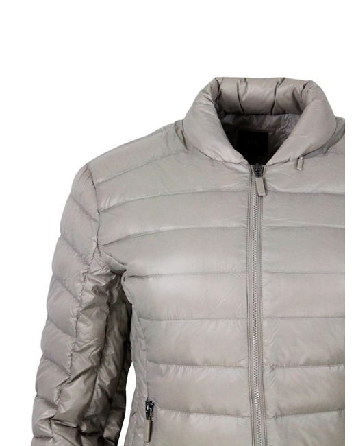 Armani Exchange Gray Lightweight 100 Gram Slim Down Jacket With Integrated Concealed Hood And Zip Closure