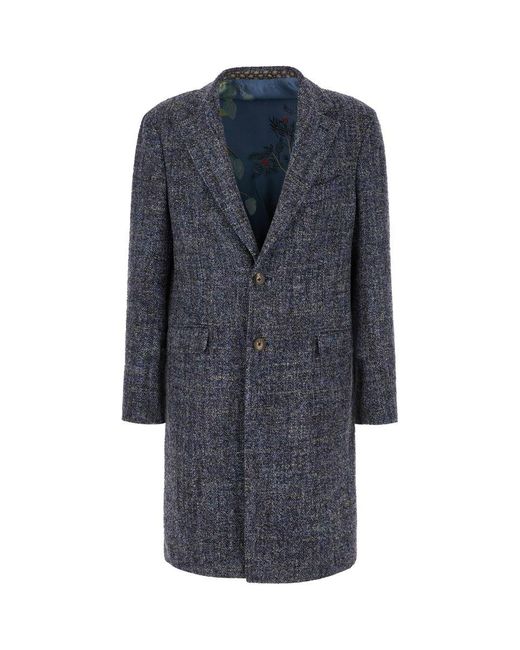 Etro Blue Single-Breasted Wool Coat With Pockets for men