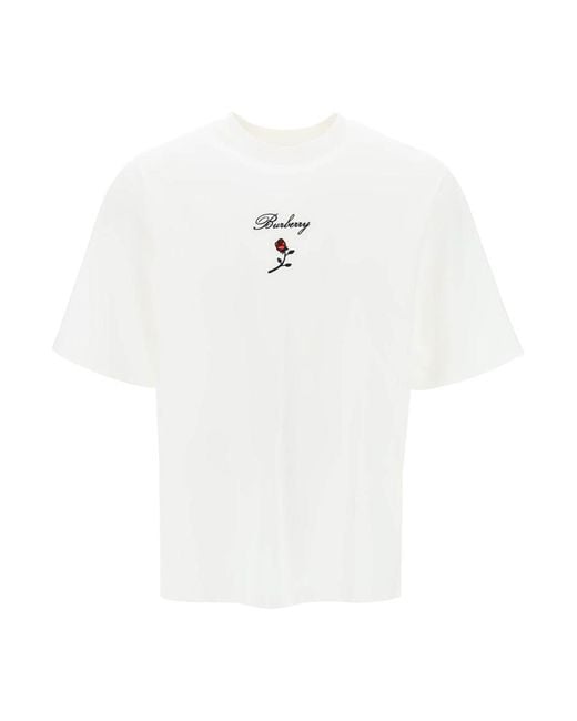Burberry White Loose Fit T-Shirt With Rose for men