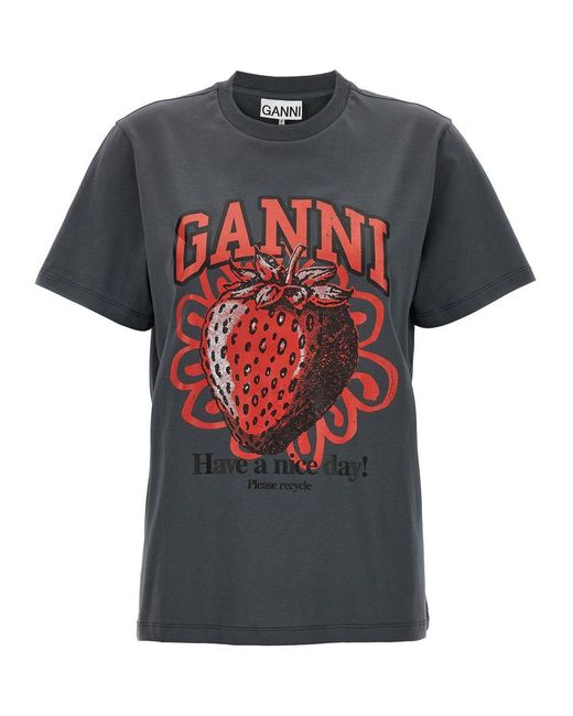 Ganni Black Printed Cotton T-Shirt