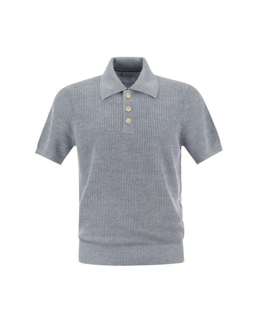 Brunello Cucinelli Gray Linen And Cotton Half-rib Knit Polo Shirt With Contrasting Detailing for men