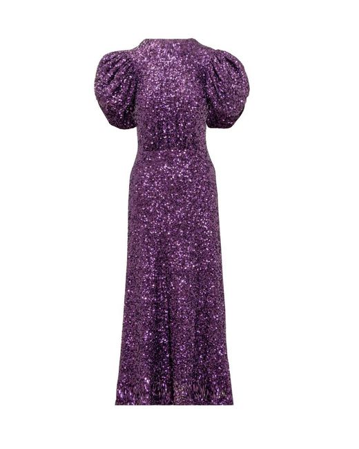 ROTATE BIRGER CHRISTENSEN Purple Puffed-sleeve Open-back Sequin Embellished Recycled-polyester Midi Dress