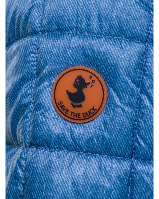 Save The Duck Blue Quilted Down Jacket With Logo Patch In Denim Printed Nylon Man for men