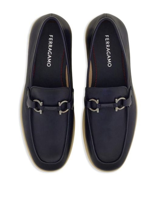 Ferragamo Blue Cosimo Leather Casual Loafers With Gancini Buckle Shoes for men