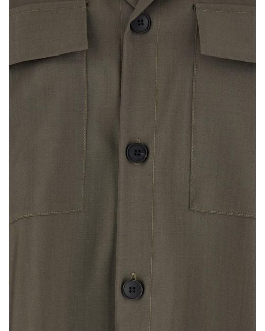 Low Brand Green Shirt With Classic Collar And Applied Pockets On The Front In Fabric Man for men