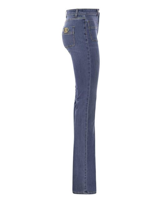 Elisabetta Franchi Blue Paw Jeans With Logo Plates