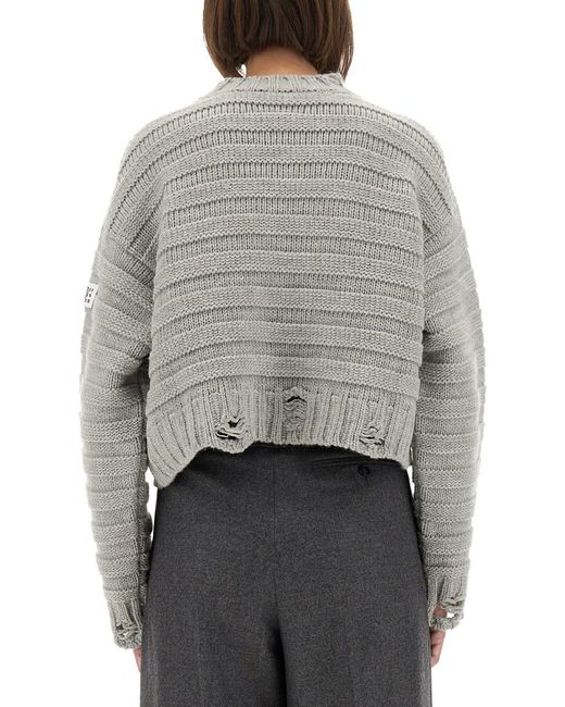 MM6 by Maison Margiela Gray Cropped Textured Knit Pullover With Distressed Hem