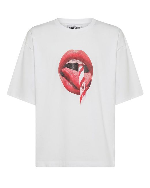 Fiorucci White Cotton T-Shirt With Mouth Print for men