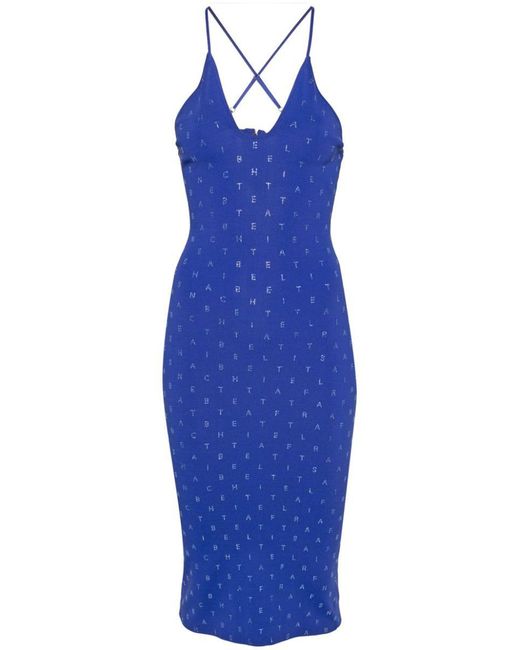 Elisabetta Franchi Blue Rhinestone Embellished Logo Midi Ribbed Dress