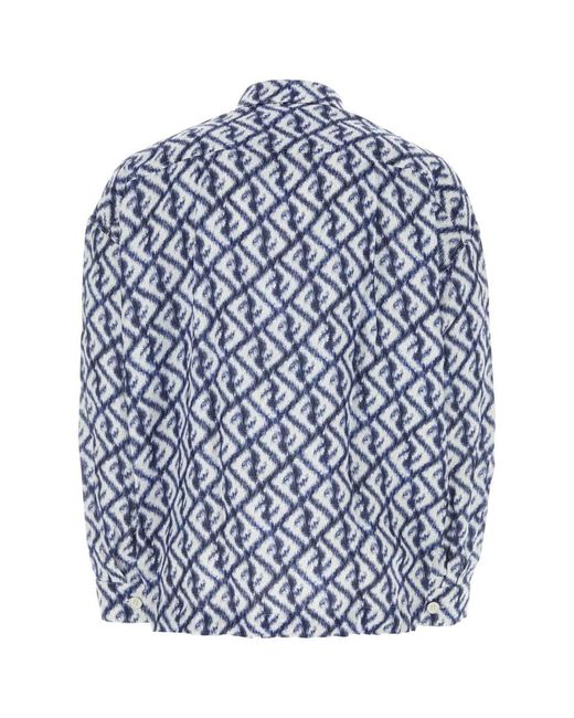 Fendi Blue Logo-print Linen Shirt for men