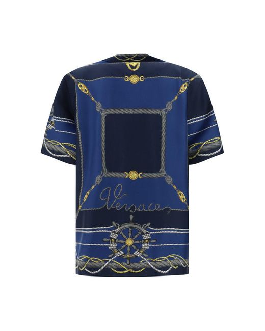 Versace Blue Short-sleeve Brand-print Regular-fit Silk Shirt for men