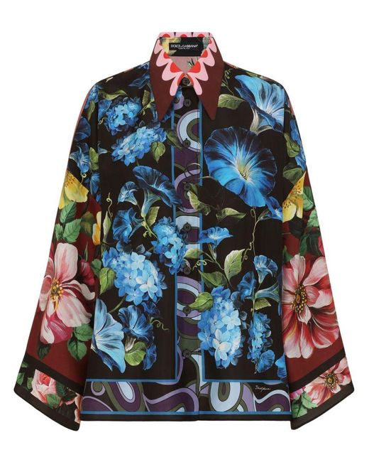 Dolce & Gabbana Blue Oversize Silk Shirt With Floral