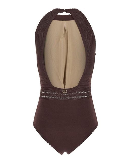 Twinset Brown Top With Knitted Design And Cut-Out On The Back