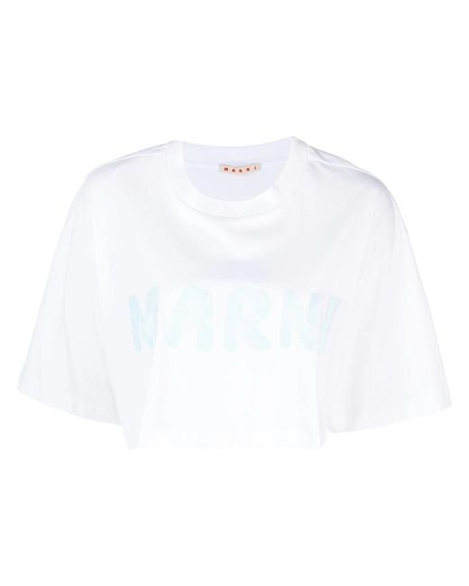 Marni White Cropped T-Shirt With Print