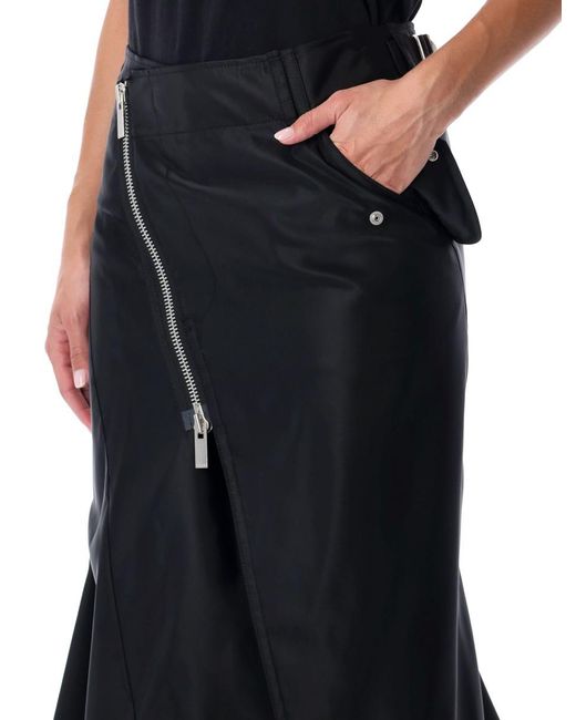 Sacai Black Nylon Twill Midi Skirt With Diagonal Zip