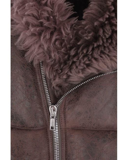 Rick Owens Brown Distressed Leather Jacket With Plush Shearling Lining for men
