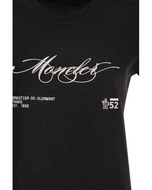 Moncler Black Cotton T-Shirt With Embroidered Cursive Logo