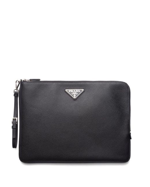 Prada Black Triangle-Logo Leather Clutch Bag for men