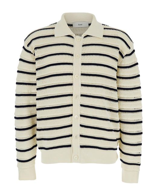 DUNST Gray Knitted Cardigan With Wide Collar And All-Over Stiped Motif for men