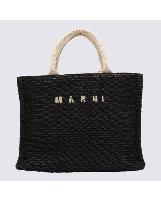 Marni Black Cotton Calf Leather Blend Small Tropicalia Tote Bag