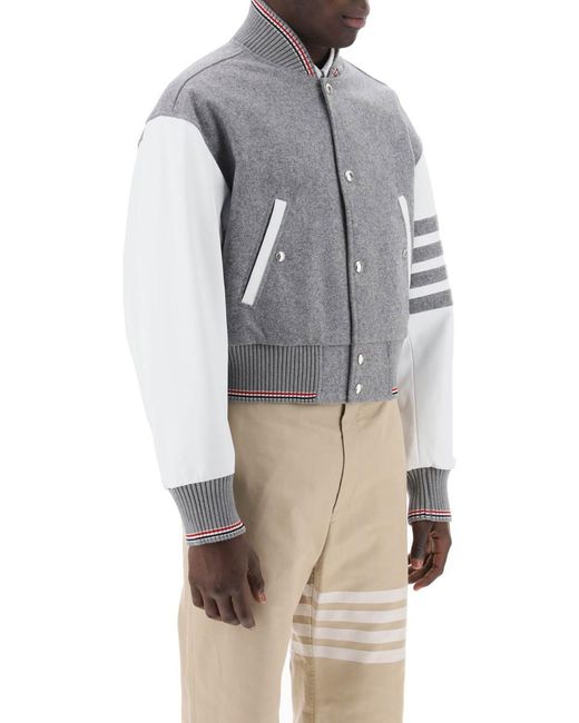 Thom Browne Gray Wool Bomber Jacket With Leather Sleeves And for men