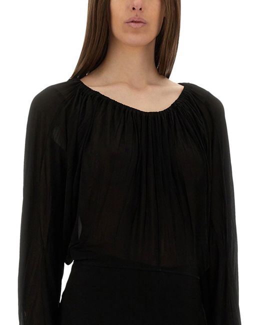 Rick Owens Black Flowing Draped Top With Wide Neckline