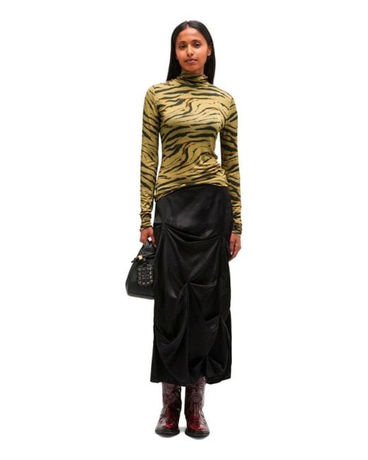 Ganni Green Khaki Zebra Print Turtleneck Top