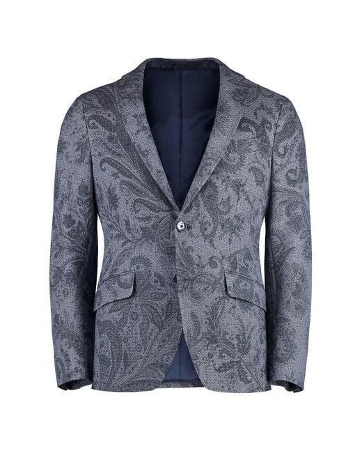 Etro Blue Classic Single-Breasted Jacket With Paisley Motif for men