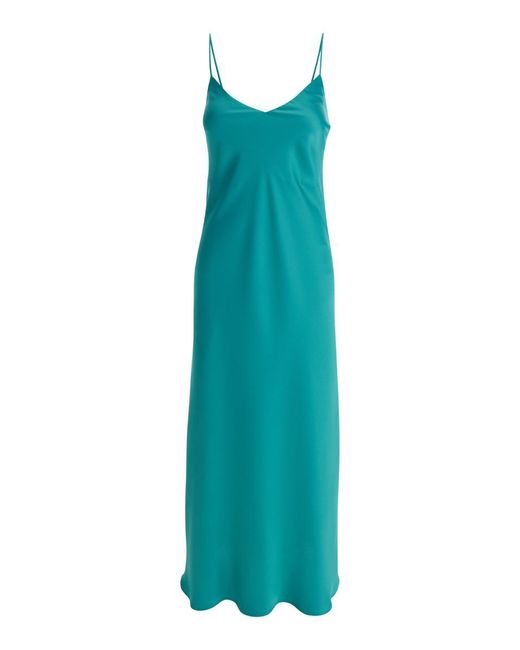 Plain Blue Light Slip Dress With V Neckline