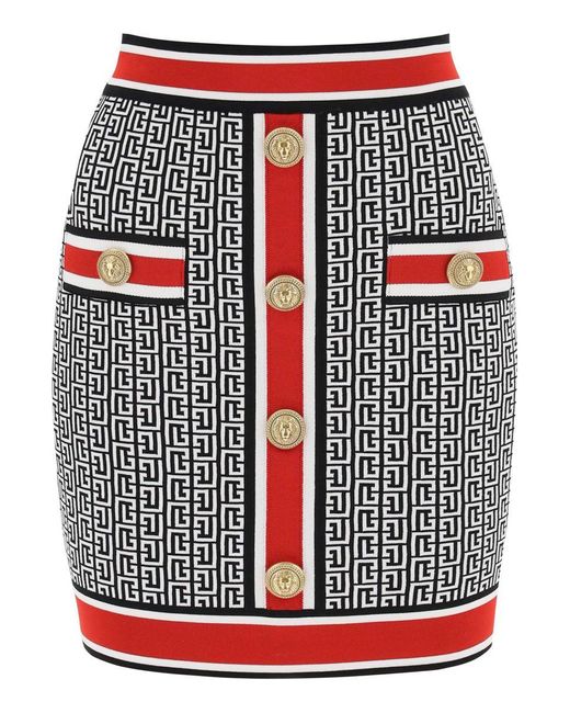 Balmain Red Mini Skirt In Monogram Knit