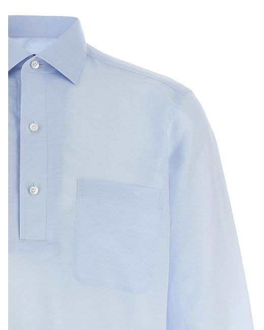 Zegna Blue Linen Blend Shirt With Three-Button Front for men