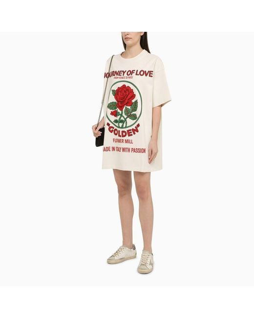 Golden Goose Deluxe Brand Natural T Shirt Dress With Multicoloured Cotton Print