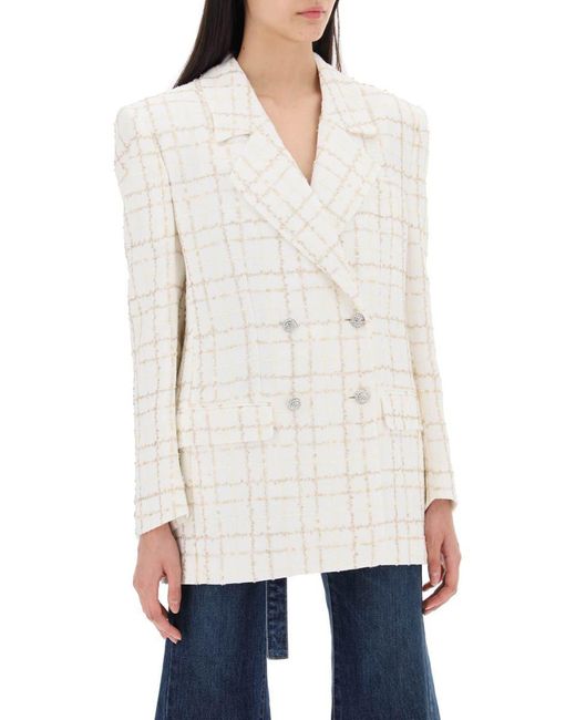 Alessandra Rich White Oversized Tweed Jacket With Plaid Pattern