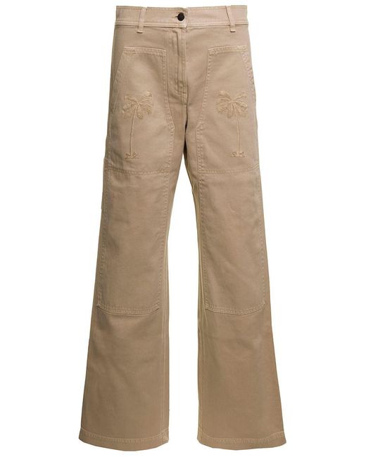 Palm Angels Natural Beige 'cargo' Pants With Embroidered Palm In Cotton Denim Woman
