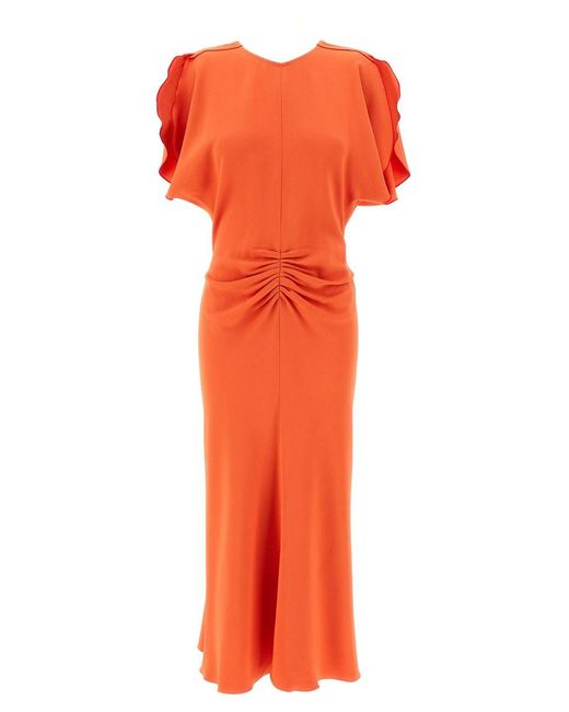Victoria Beckham Orange Gathered Waist Midi Dress