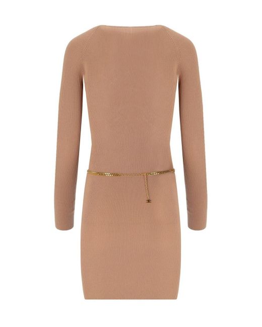Elisabetta Franchi Brown Nude Knitted Dress With Twist Neck