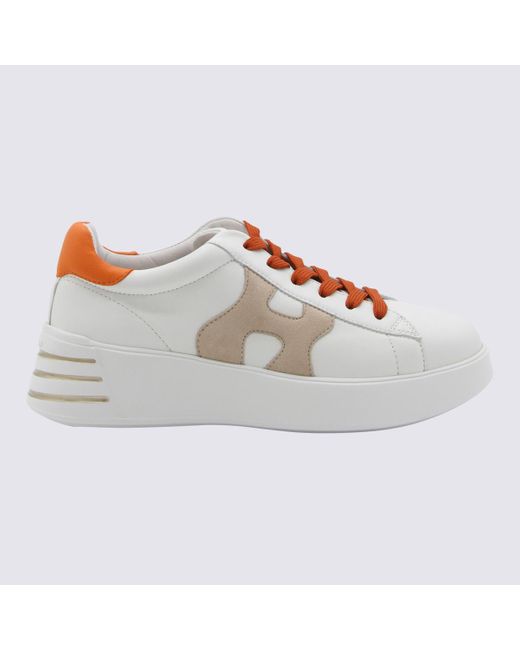 Hogan Gray White And Orange Leather Rebel Sneakers