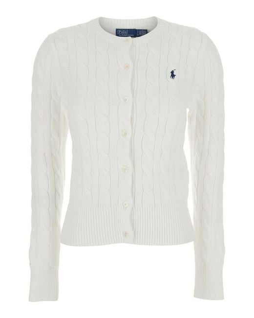 Polo Ralph Lauren White Crewneck Cable Knit Cardigan With Pony Embroidery On The Front