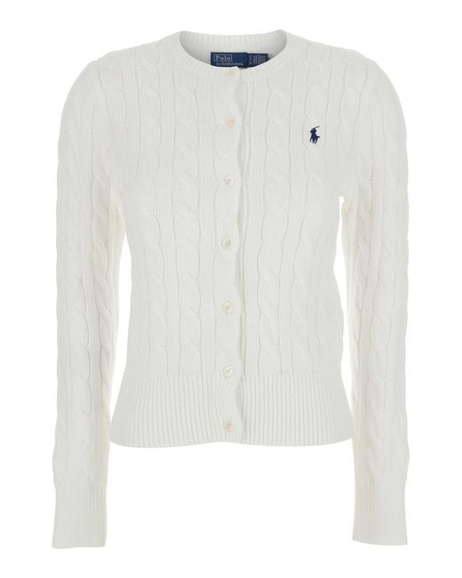 Polo Ralph Lauren White Crewneck Cable Knit Cardigan With Pony Embroidery On The Front