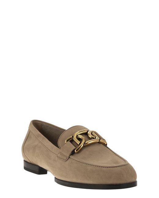 Tod's Brown Moccasin In Nubuck With Metal Chain
