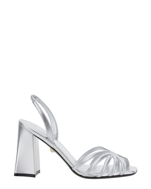 ALEVI White 'Tara' Metallic Sandals With Elastic Ankle Strap And Block Heel