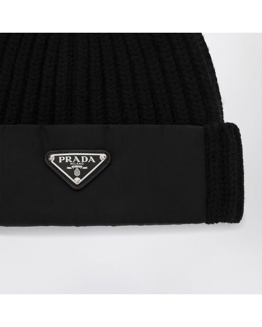 Prada Black Wool And Re-Nylon Hat With Triangle Logo for men