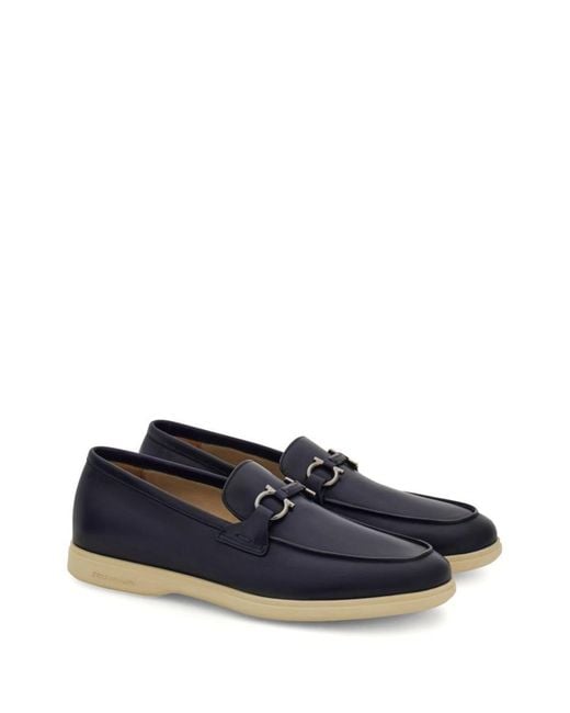 Ferragamo Blue Cosimo Leather Casual Loafers With Gancini Buckle Shoes for men