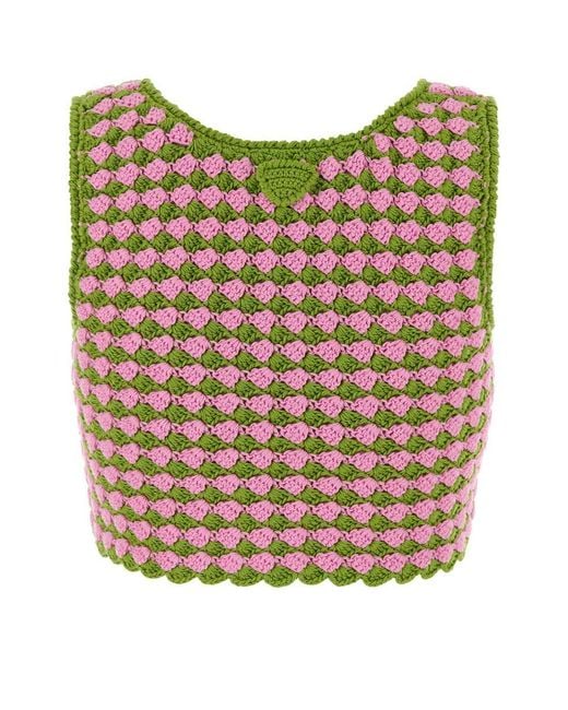 Prada Green Tow-Tone Crochet Crop Top