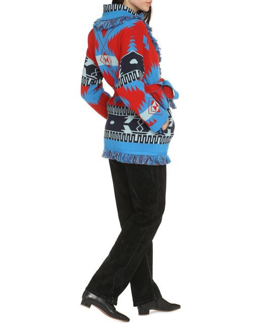 Alanui Blue Intarsia-knit Belted-waist Cardigan