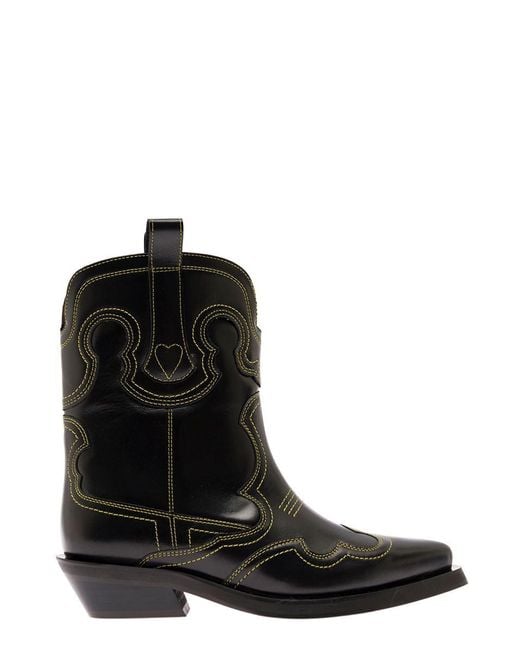 Ganni Low Shaft Embroidered Western Boot in Black Lyst