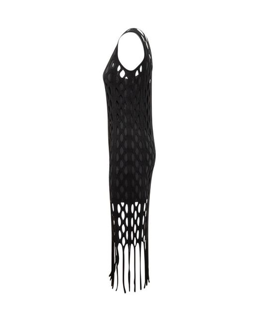 Pinko Black Dress With Mesh Effect And Fringes
