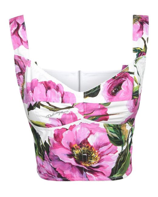 Dolce & Gabbana Pink Floral Crop Stretch-Cotton Blend Top